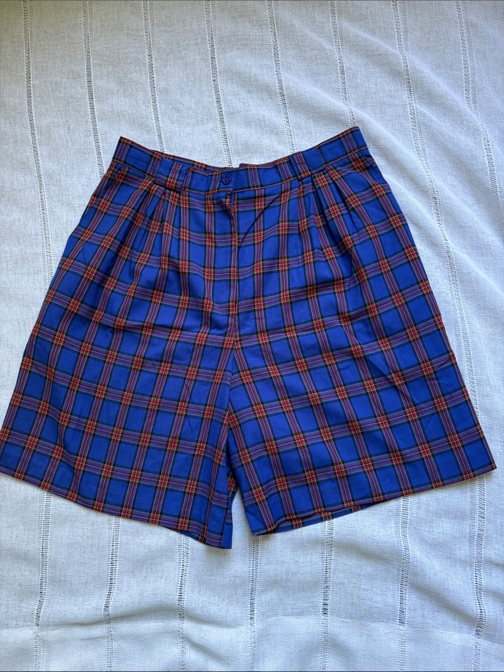 Jennifer Collin’s Vintage High-Waist Blue Plaid Women’s Shorts.
